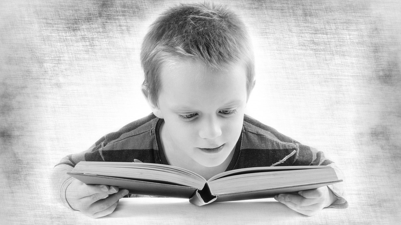 Kisfiú, aki egy könyvet olvas.