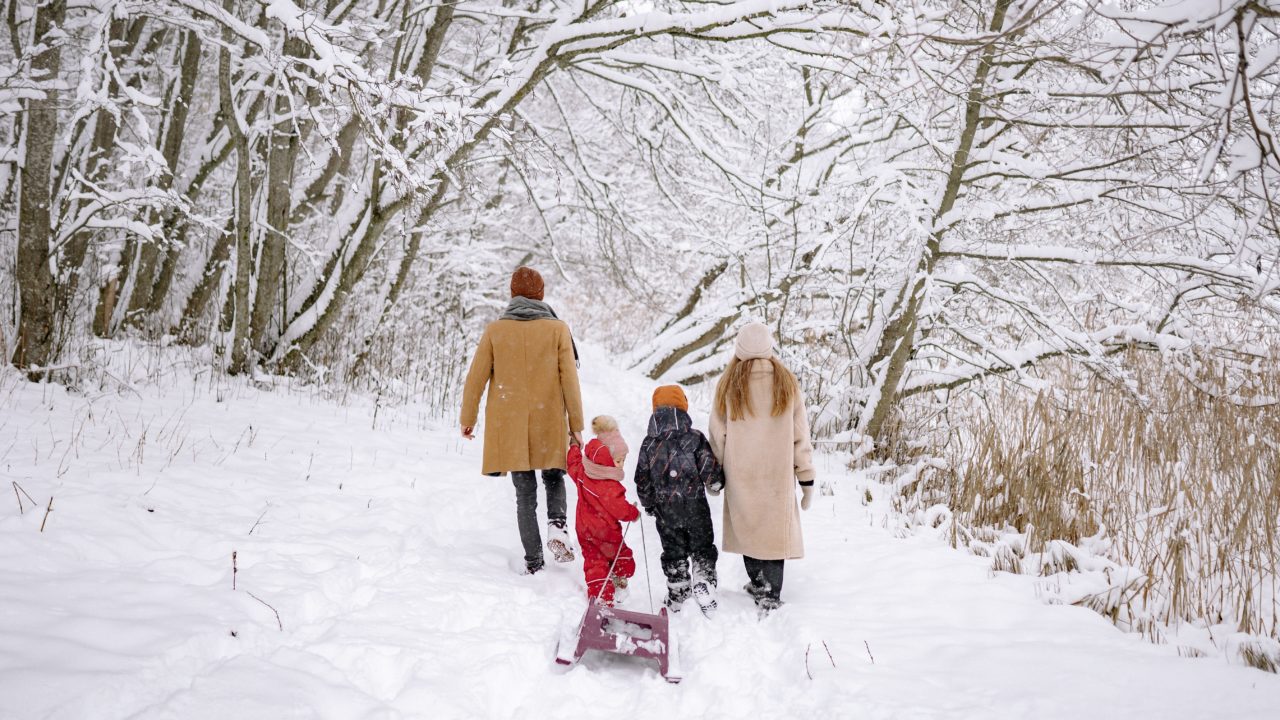 Téli erdőben sétál egy család