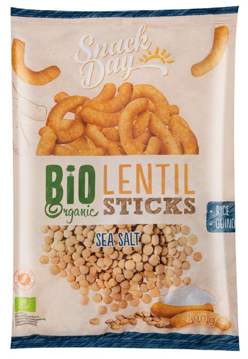 A visszahívott, Lidl-ben kapható sós ízesítésű Snack Day Bio lencsepálcika csomagolása