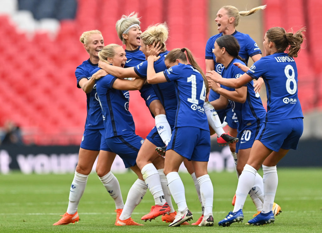 A Chelsea női csapata gólt ünnepel a Wembley-ben, 2020. augusztus 29-én (Fotó: Justin Tallis/Pool via Getty Images)