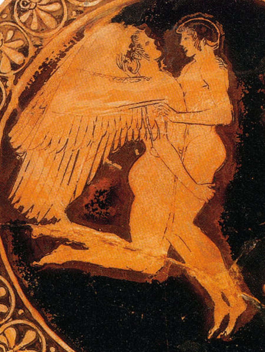 Combközi szex egy szárnyas isten és egy fiatal fiú között (forrás: Wikipedia)
