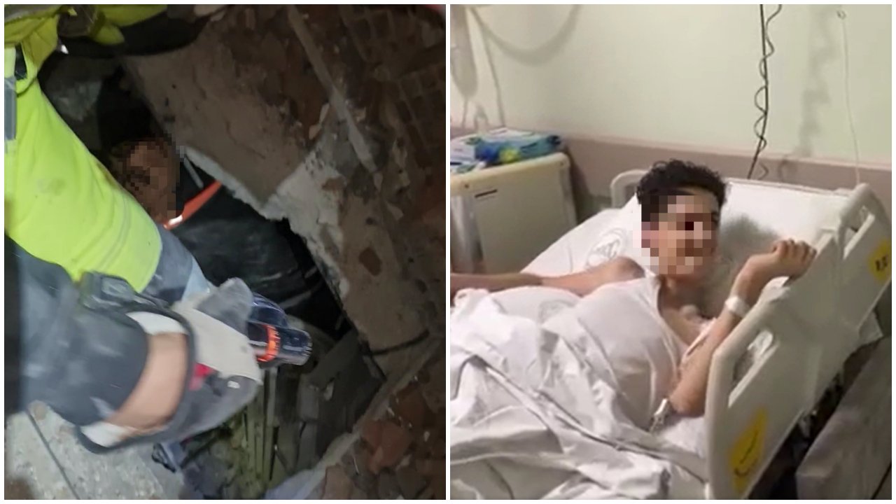 Az Ali nevű fiú a törökországi földrengés utáni romok között, majd a kórházban