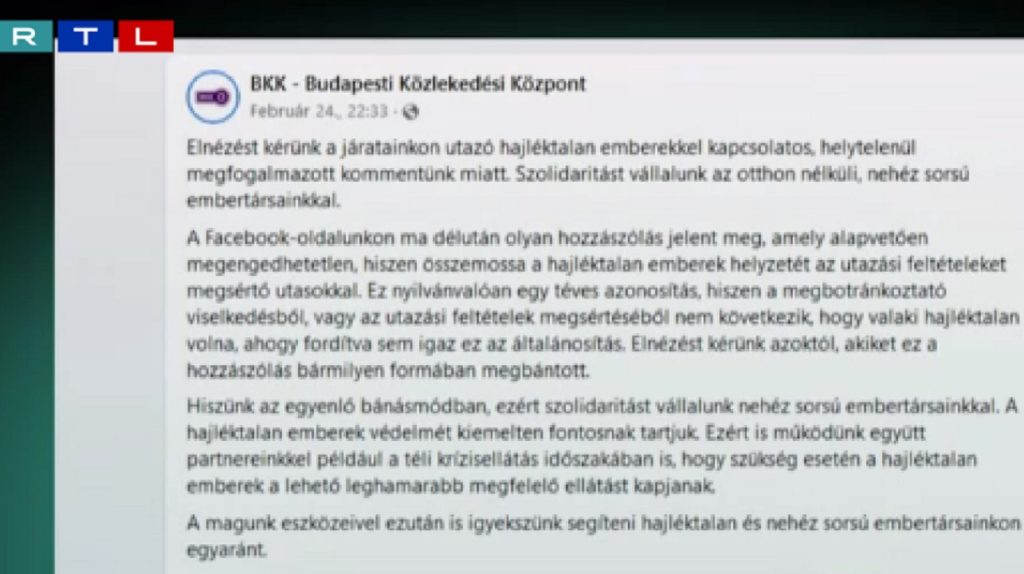 Bocsánatot kért a BKK a hajléktalanok ellen hangoló kommentje miatt