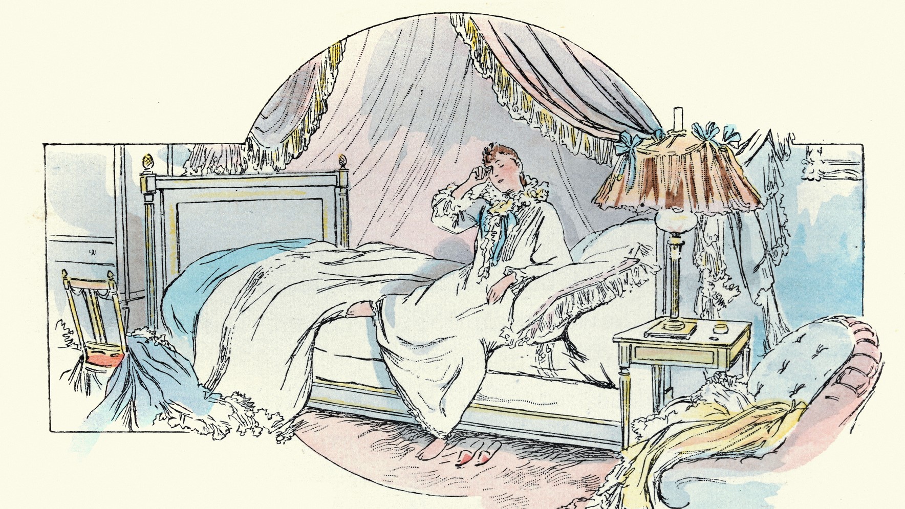 Fiatal nő reggel ébredés után az ágy szélén ül
