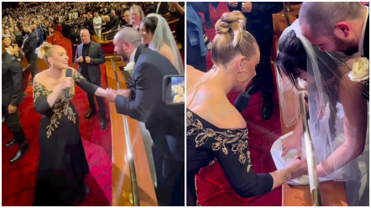 Menyasszonyi ruhára ad autogramot Adele koncert közben