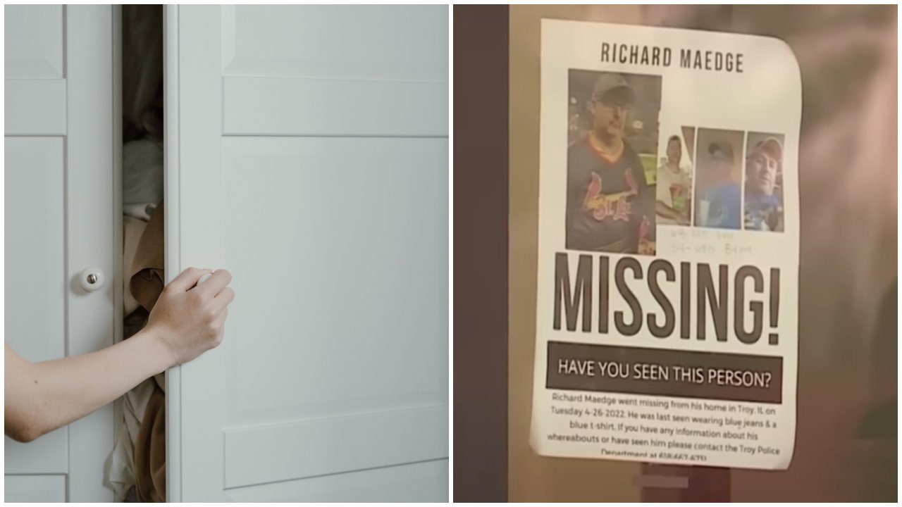 A montázson egy gradróbszekrény és a férfi eltűnését mutató plakát