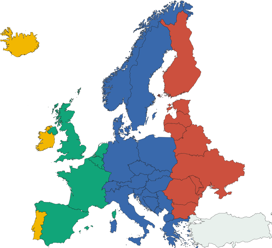 A szakértők így osztanák fel Európát. A sárga szín az új, azori-szigeteki időzónát jelzi, a zöld a nyugat-európait, a kék a közép-európait, a piros pedig a kelet-európait. Forrás: Euronews