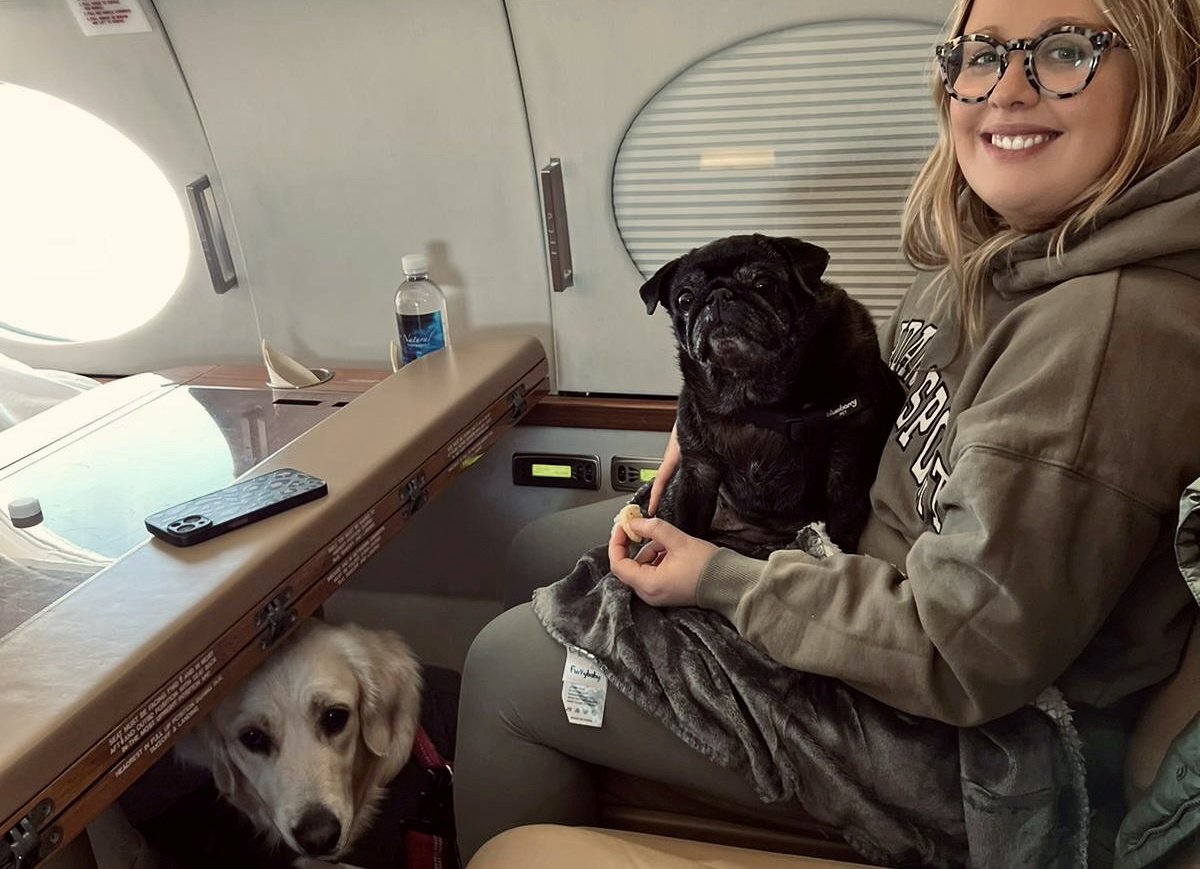 A 31 éves Maddie Young a kutyáival utazik a magánrepülőgépen 