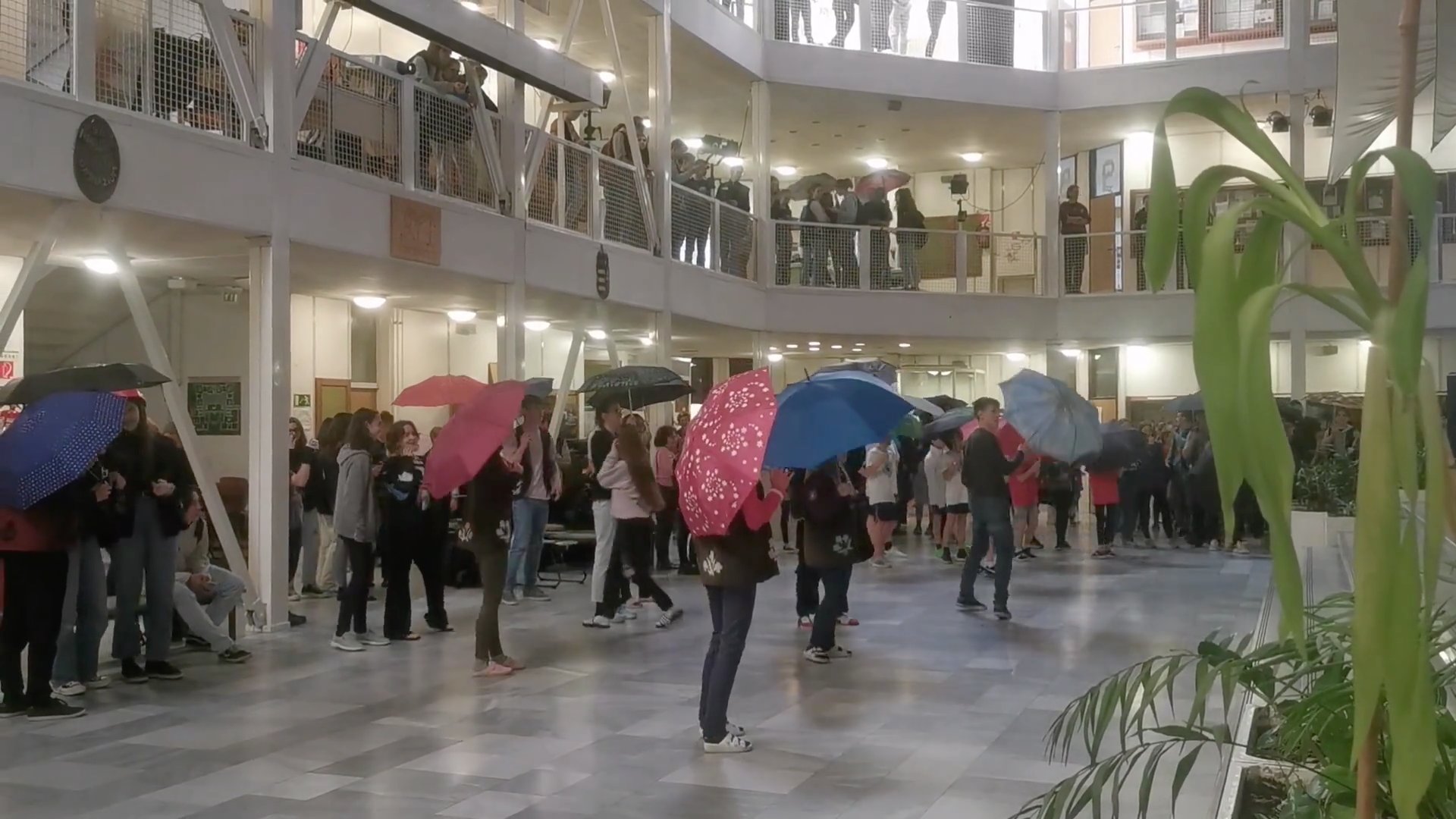 Esernyőkkel táncoló diákok a Békásmegyeri Veres Péter Gimnáziumban