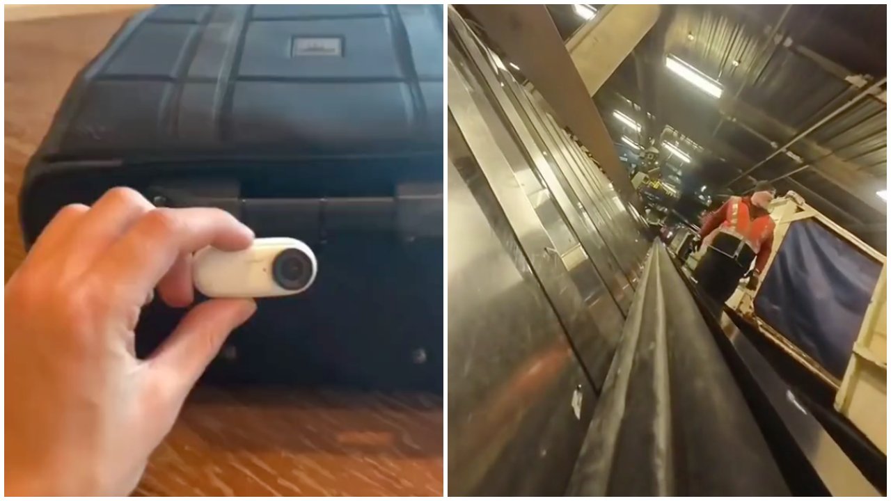 Egy bőröndre rögzített kamera és egy reptéri futószalag