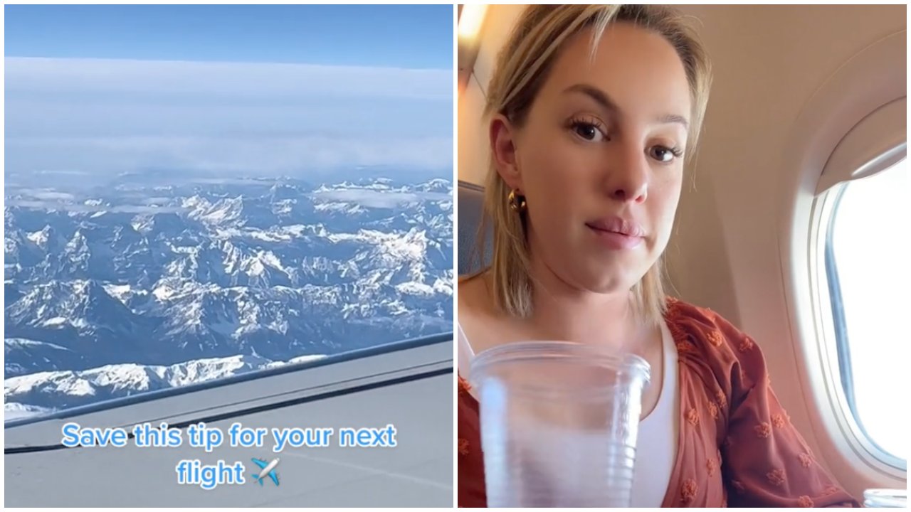 Műanyag poharat mutat egy nő a repülőn ülve