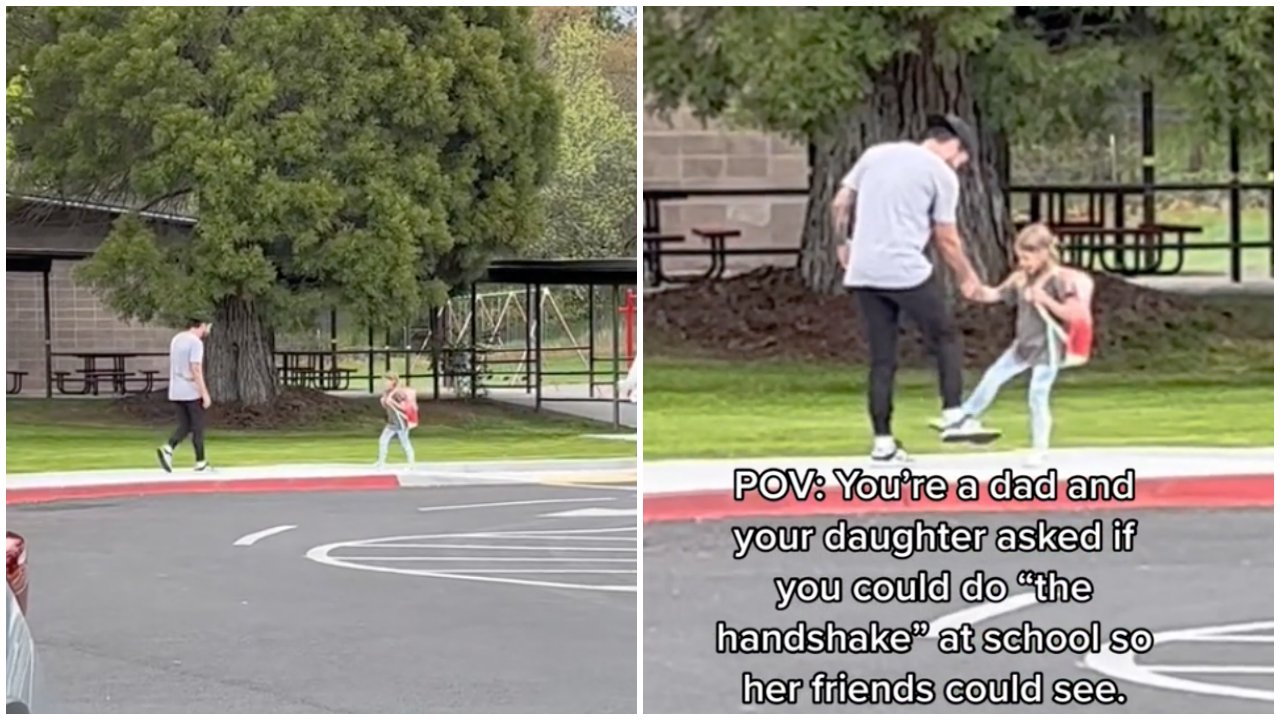 Apa és lánya kézzel-lábbal pacsiznak az utcán