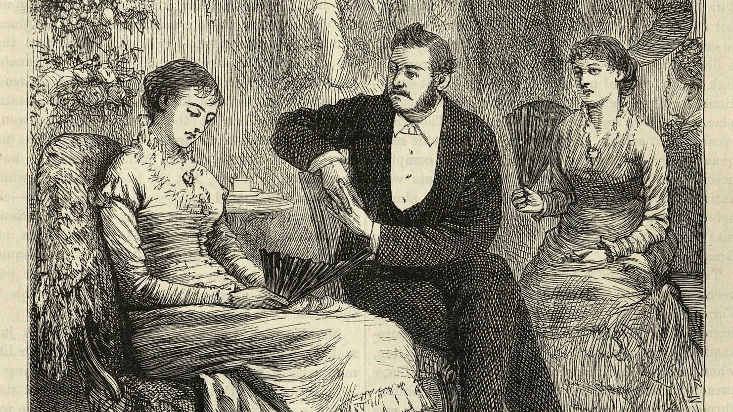 19. századi illusztráción egy fiatal nő unatkozik egy férfi társaságában