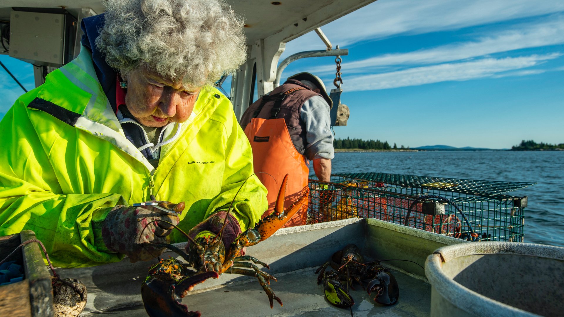 Virginia Oliver ellenőrzi egy homár méretét fia társaságában a Penobscot-öbölben, Maine államban 2021. július 31-én