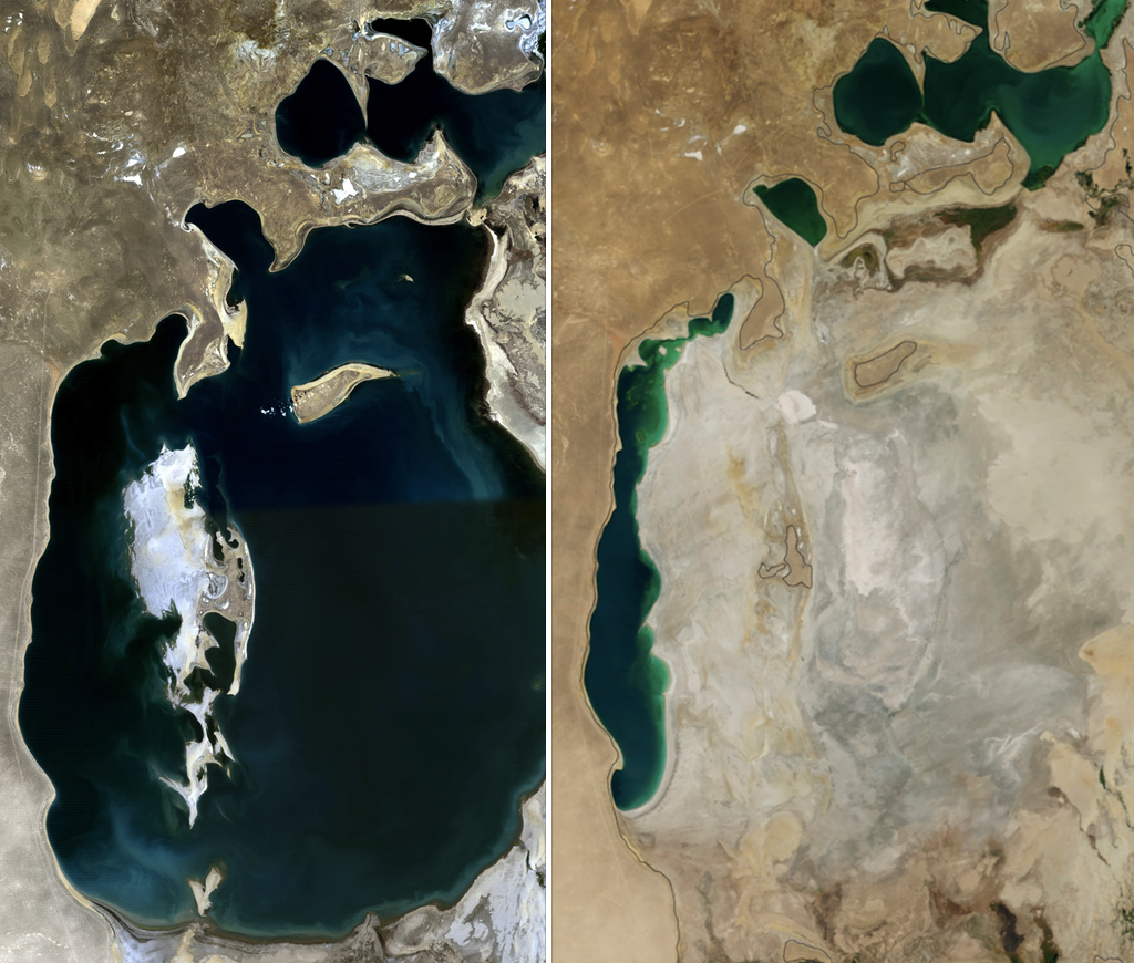 Az Aral-tó 1989-ben és 2014-ben (fotó: Wikipedia)