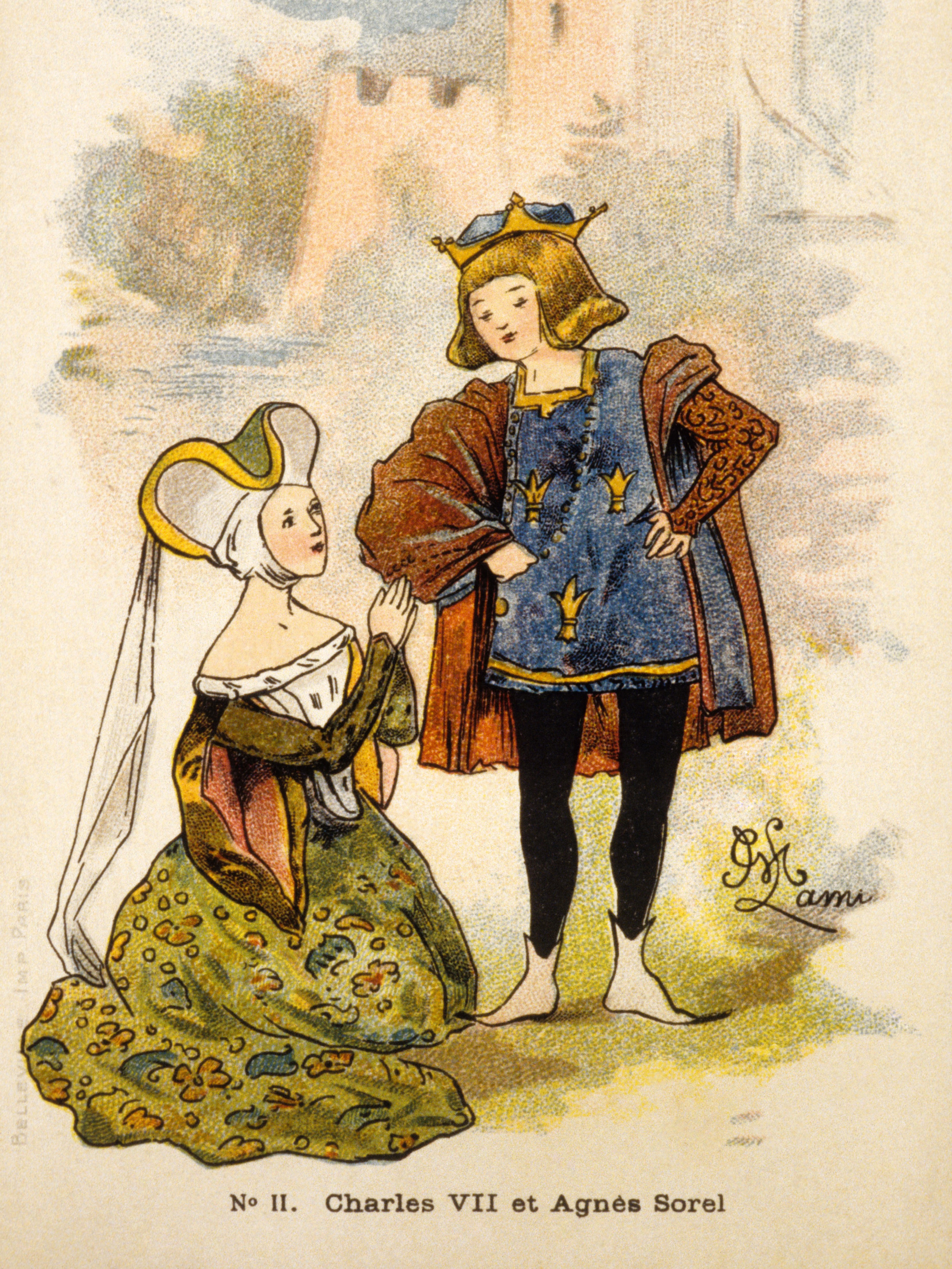 A Crème Simon kozmetikumok reklámplakátja, ami VII. Károly királyt és Agnès Sorelt ábrázolja