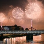 Tûzijáték Budapesten az államalapítás ünnepén, Szent István napján, 2023. augusztus 20-án. Elõtérben a Rákóczi híd.
