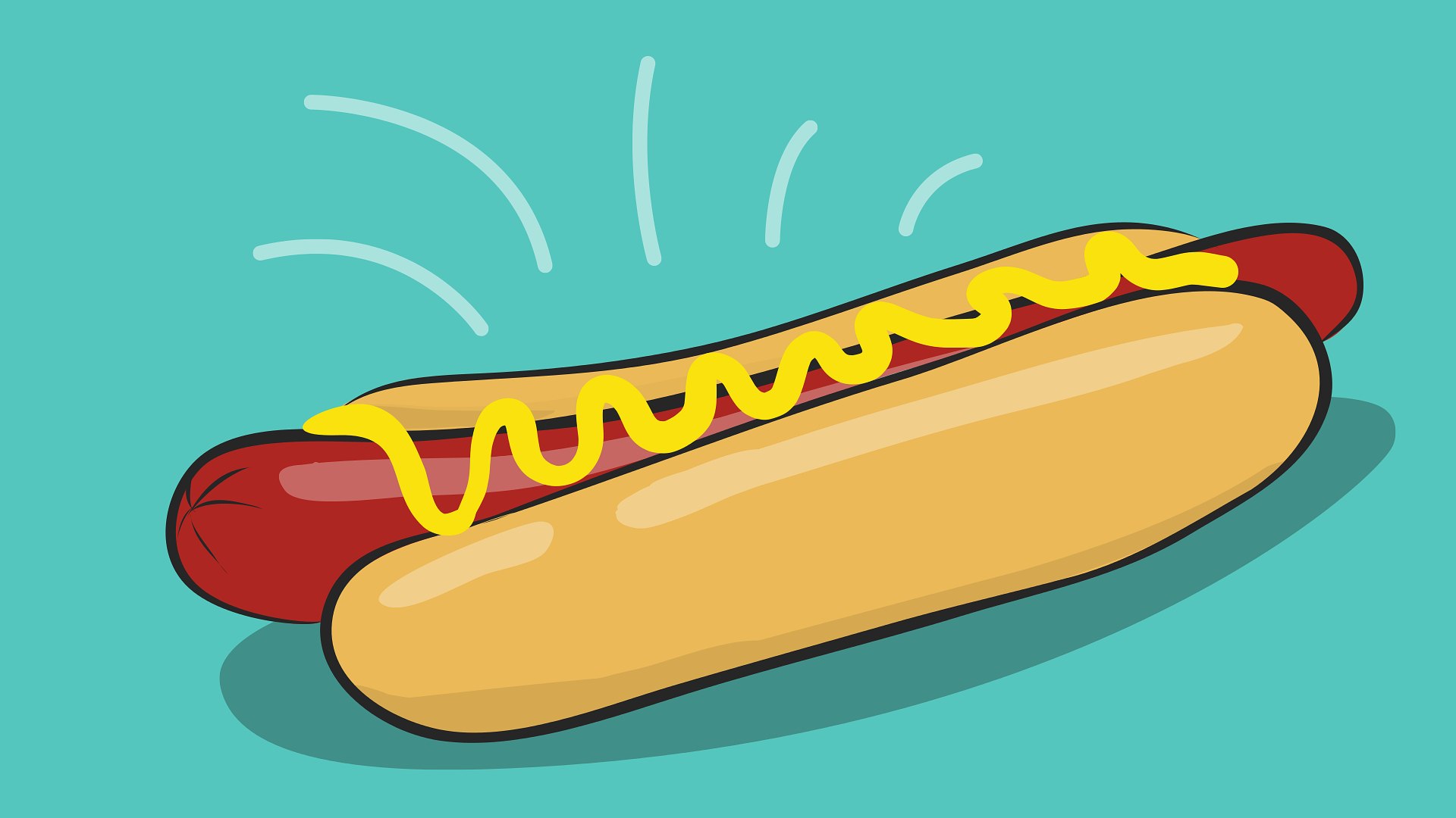 Kék háttér előtt animált mustáros hot dog.