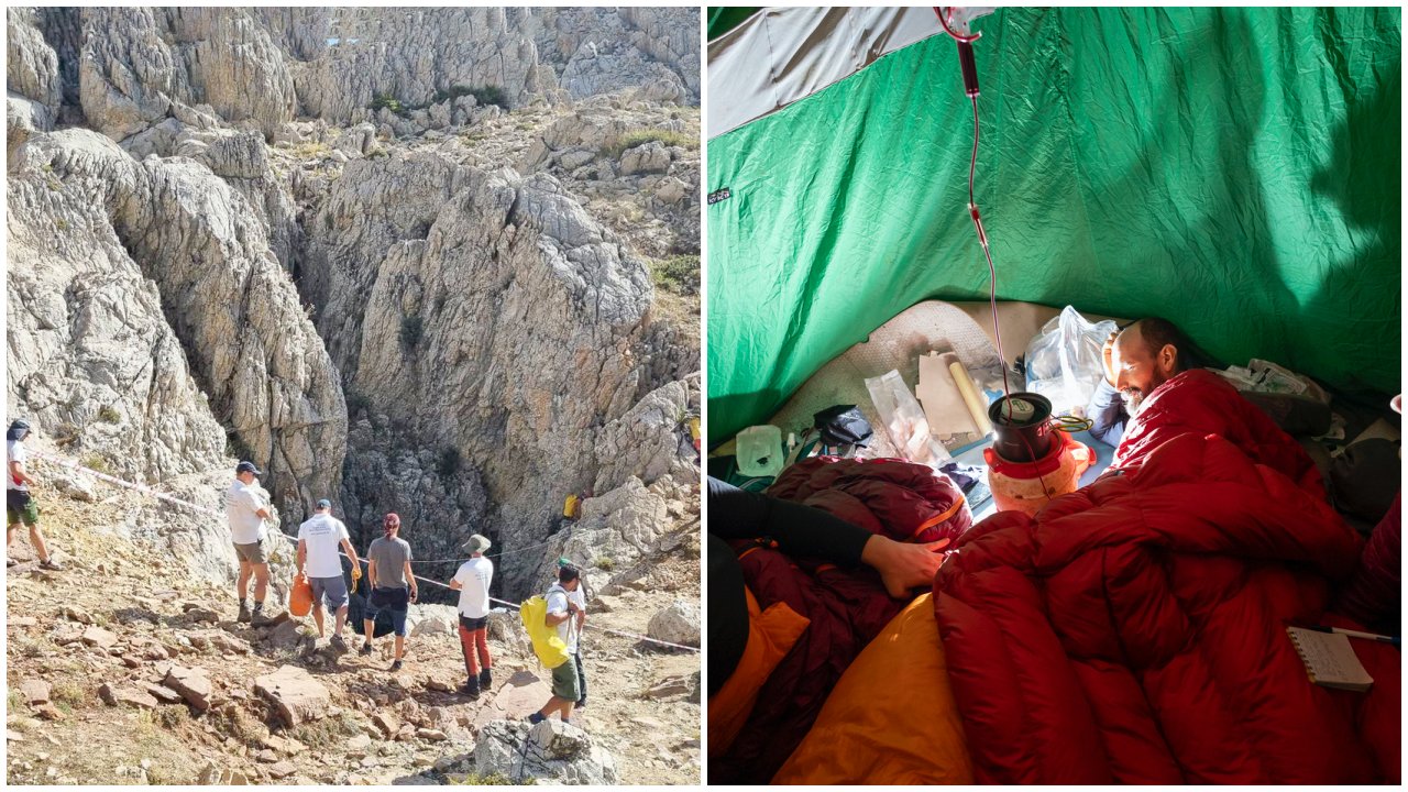A törökországi Morca-barlang, és a mélyben rekedt Mark Dickey barlangász a montázson