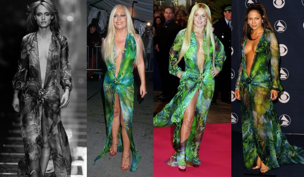 Amber Valletta, Dobatella Versace, Geri Halliwell és Jennifer Lopez az ikonikus ruhában 