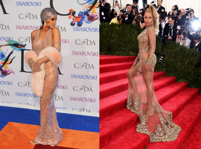 Rihanna a 2014-es CFDA díjtátadón és Beyoncé a 2015-ös MET-gálán (Fotók: AFP/Getty Images)