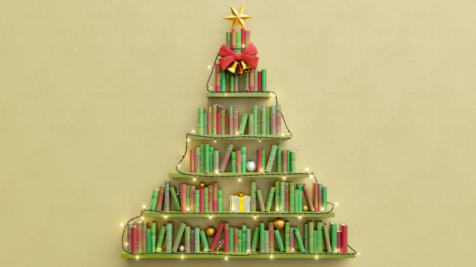 Könyvekből kialakított karácsonyfa.