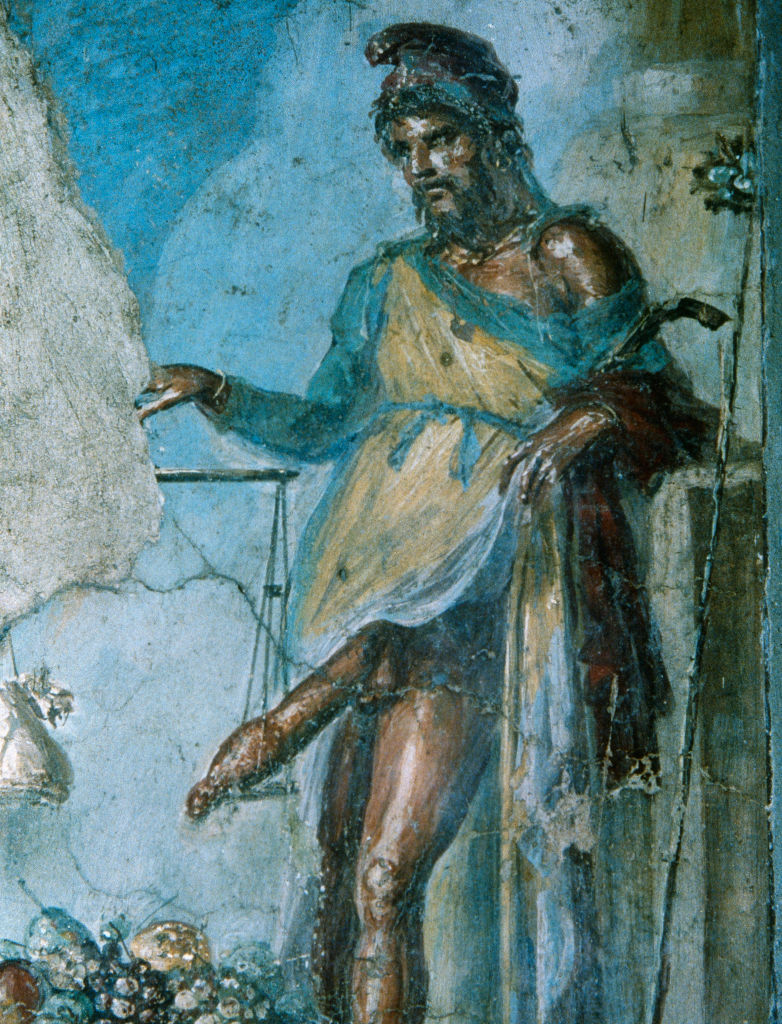 Priaposz, a termékenység istene, mérleggel mérve péniszét, freskó, Kr. e. 1. század (Forrás: Prisma/UIG/Getty Images)
