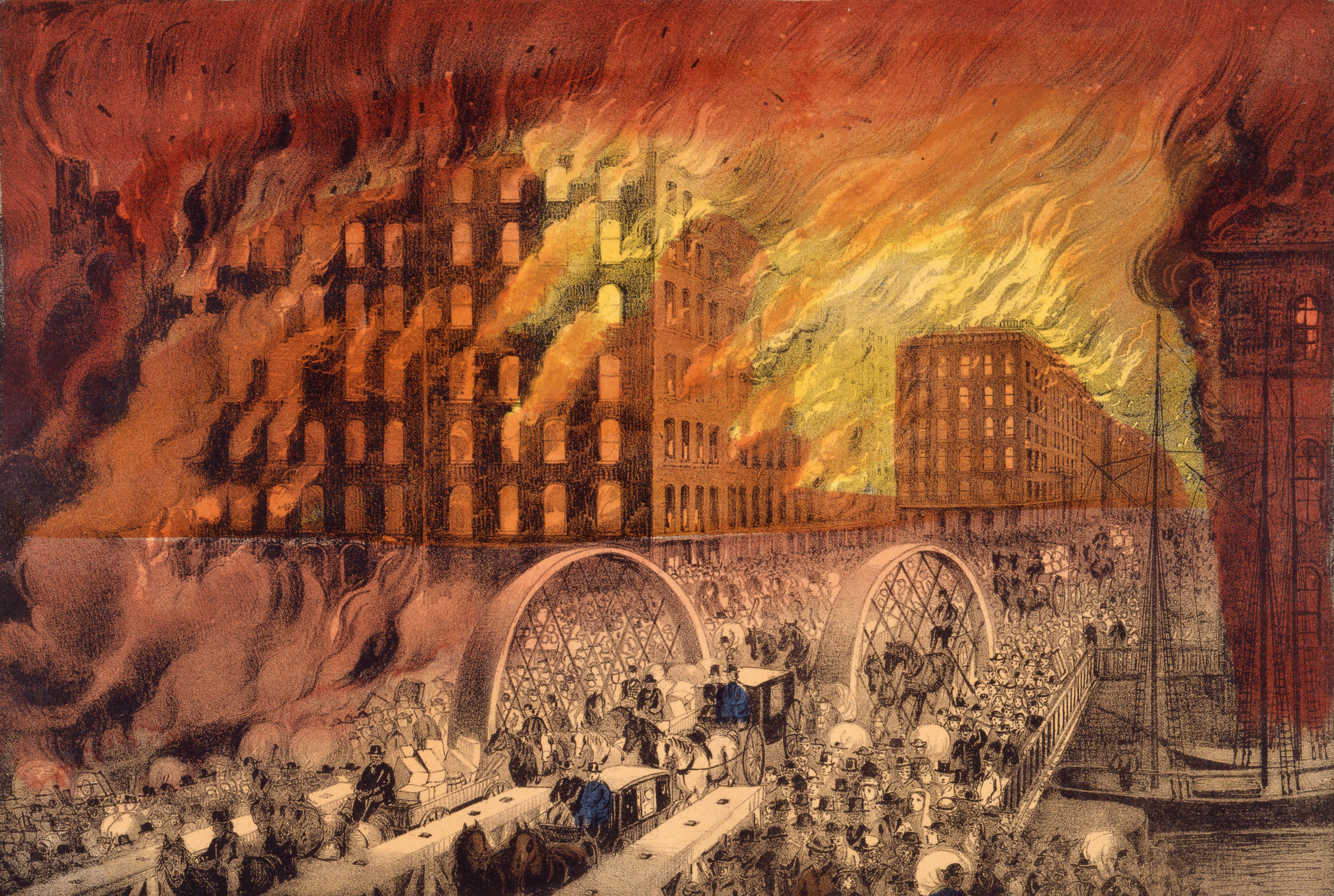 A chicagói tűzvész egy litográfián (forrás: Wikipedia)