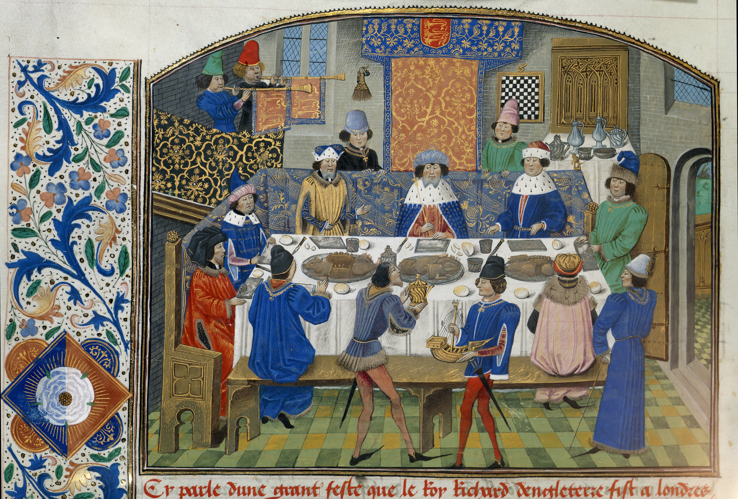 Középkori főúri lakoma a 15. század végén. Richard II dines with dukes (Miniature) The Dukes of York, Gloucester and Ireland dine with King Richard II.