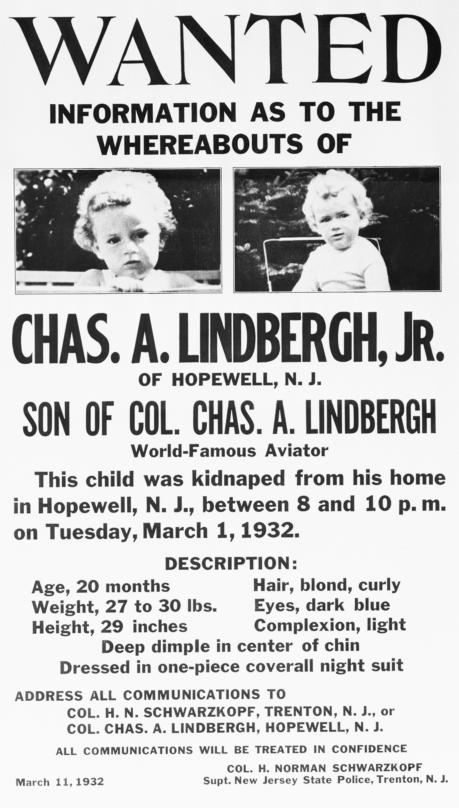 Az Egyesült Államok Igazságügyi Minisztériuma a Lindbergh-baba elrablásának ügyében több mint 1400 város rendőrfőnökének küldött plakátokat
