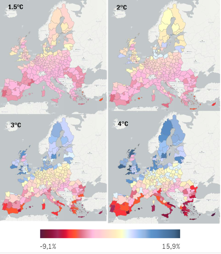 Az európai regionális turisztikai kereslet várható alakulása a globális felmelegedés forgatókönyvei esetén 2019-hez képest százalékban kifejezve 