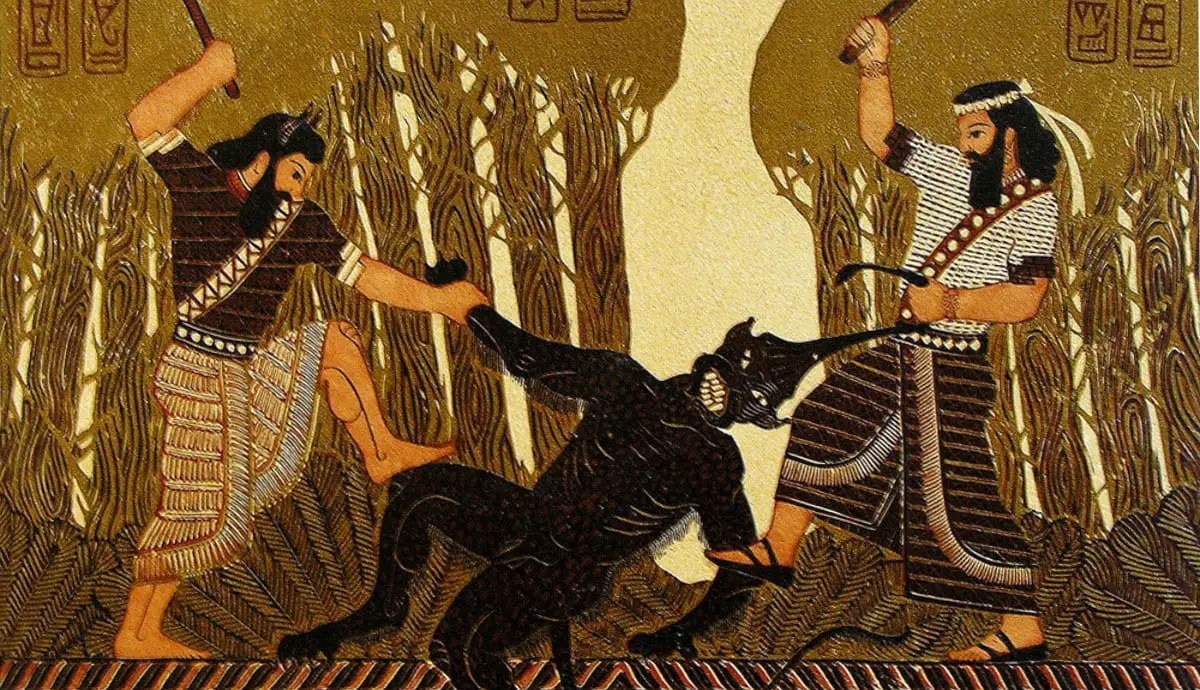 Gilgames és Enkidu elbánnak Humbabával (forrás: Wikipedia)