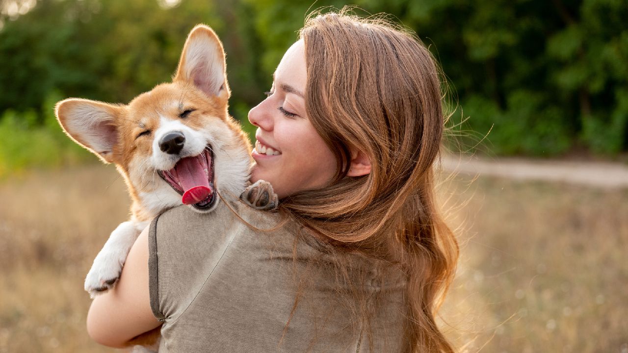 Lány mosolyog corgi kölyökkel a karján