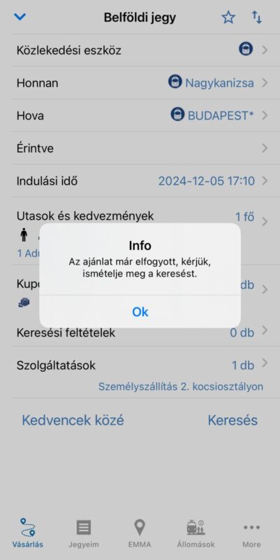 Hiba az Okosjegy vásárlásánál a MÁV telefonos alkalmazásában
